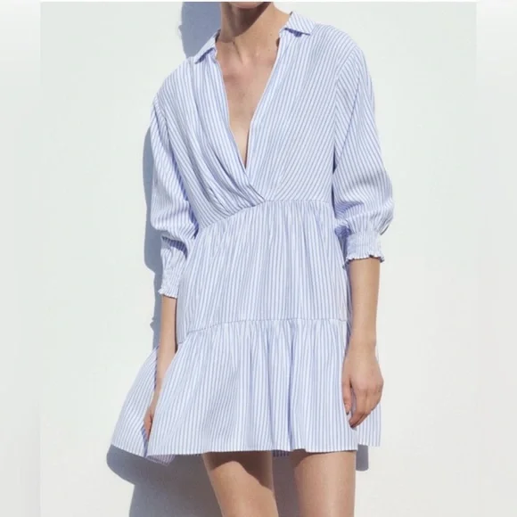 Zara NWOT Women’s Blue & White Vertical Striped Tiered Mini Dress, Size Large. - Picture 7 of 11